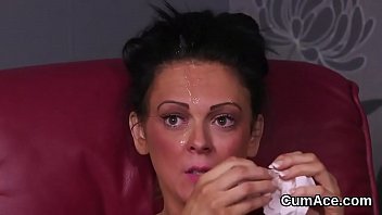 Nasty peach gets sperm load on her face swallowing all the cum