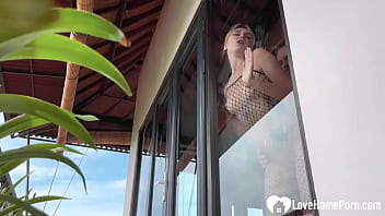 Blonde in black fishnets likes it rough