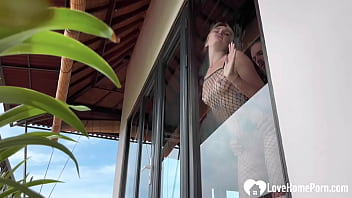 Blonde in black fishnets likes it rough