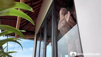 Blonde in black fishnets likes it rough