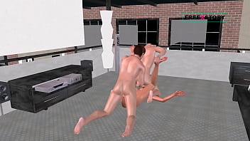 Animated 3d cartoon threesome sex two men fucking a cute girl in pussy and mouth