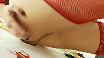 Brunette slut in red suit fishnet get a big cock from glory hole