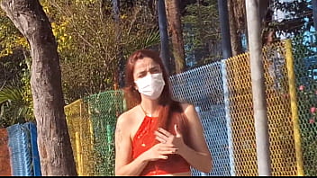 Risky masturbation for a redhead who was at the bus stop