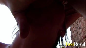 Lusty busty babe taking rough anal banging at the beach