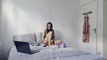 Hot brazilian girl showing off in her room showing off her breasts