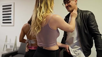 Beautiful blonde and brunette share two cocks after the gym foursome