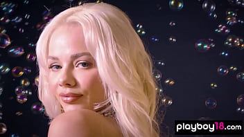 Skinny big titted naked blonde babe posed to show her shaved pussy