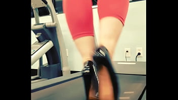 Stiletto high heels public gym treadmill walking in pleasers tall shiny black stripper shoes workout yoga pants exercise cardio kyra hellfire