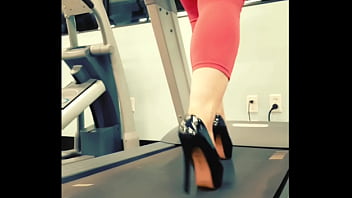 Stiletto high heels public gym treadmill walking in pleasers tall shiny black stripper shoes workout yoga pants exercise cardio kyra hellfire