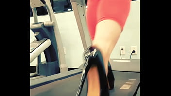 Stiletto high heels public gym treadmill walking in pleasers tall shiny black stripper shoes workout yoga pants exercise cardio kyra hellfire