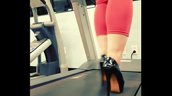 Stiletto high heels public gym treadmill walking in pleasers tall shiny black stripper shoes workout yoga pants exercise cardio kyra hellfire