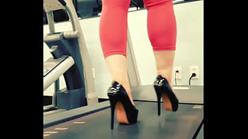 Stiletto high heels public gym treadmill walking in pleasers tall shiny black stripper shoes workout yoga pants exercise cardio kyra hellfire
