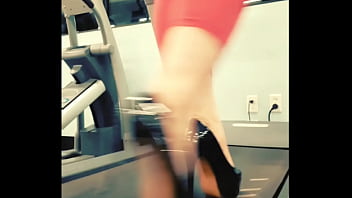 Stiletto high heels public gym treadmill walking in pleasers tall shiny black stripper shoes workout yoga pants exercise cardio kyra hellfire