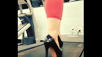 Stiletto high heels public gym treadmill walking in pleasers tall shiny black stripper shoes workout yoga pants exercise cardio kyra hellfire