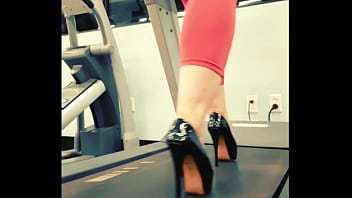 Stiletto high heels public gym treadmill walking in pleasers tall shiny black stripper shoes workout yoga pants exercise cardio kyra hellfire
