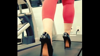 Stiletto high heels public gym treadmill walking in pleasers tall shiny black stripper shoes workout yoga pants exercise cardio kyra hellfire