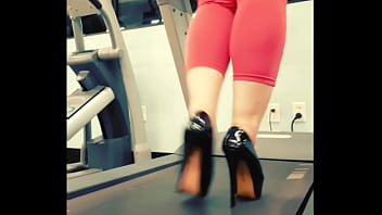 Stiletto high heels public gym treadmill walking in pleasers tall shiny black stripper shoes workout yoga pants exercise cardio kyra hellfire