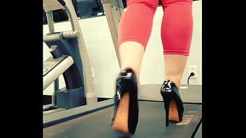 Stiletto high heels public gym treadmill walking in pleasers tall shiny black stripper shoes workout yoga pants exercise cardio kyra hellfire