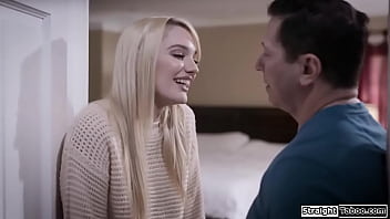 Teen stepdaughter asks stepdad to impregnate her and sucks his big gives her oral sex and then fucks her as the small tits blonde masturbates
