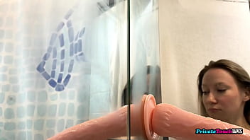 Perverted blonde russian woman sucks a dildo