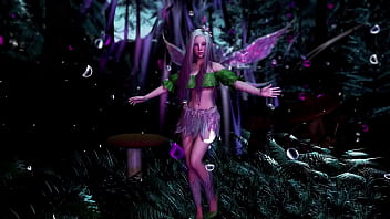 Naive pale skinned fairy gracefully posing in a elven woodland alone