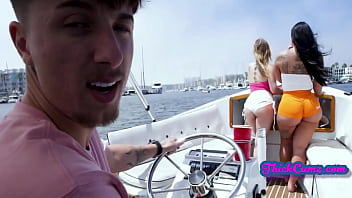 Young stud gets lucky with two thick teens after buying a boat
