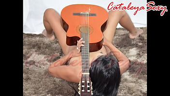 Model posing in different outfits and naked with a guitar really sensual