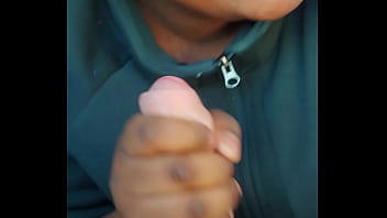 Slut sucks dick and catches nut while her man is inside the house