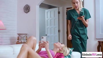 A big tits brunette flirts with her lesbian nurse kisses her gets her naked then licks her shaved they go tribbing
