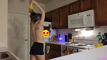 Topless sage eldritch weight lifting in the kitchen