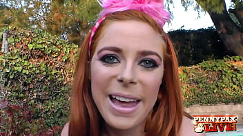 Nut busting redhead penny pax mouth fucks a hard cock and gets jizzed