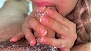 Tiny creamy cock cums blonde deep in throat