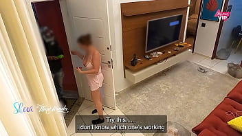 Receiving the delivery man in a very naughty outfit with english subtitles