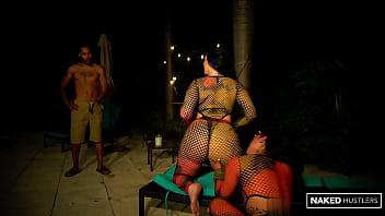 Big booty threesome outside by the pool with phat ass baddies