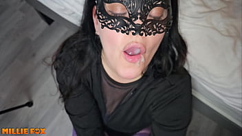 Amateur milf gets a huge cum facial and the next day she gets a huge load of cum on her tongue and swallows it all millie fox