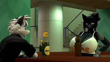 Furry con cerveza y con grandes tetas fornican en un bar