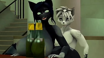 Furry con cerveza y con grandes tetas fornican en un bar