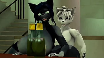 Furry con cerveza y con grandes tetas fornican en un bar