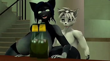 Furry con cerveza y con grandes tetas fornican en un bar