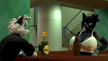 Furry con cerveza y con grandes tetas fornican en un bar