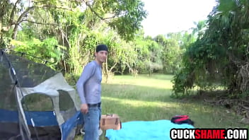 Cuckold husband helps wife fuck stranger on camping trip