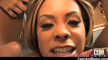 Black chick deepthroats a group of white studs and gets rewarded with cum 19
