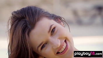 All natural naked hottie watering her big boobs outdoor