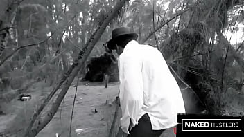 Thick booty ebony and ivory baddie's slurping on a cock outside in the woods