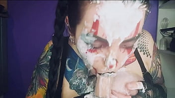 Sexy horny clown girl with a perfect ass has naughty fun with whipped cream at her kitchen