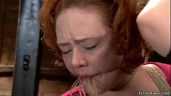 Ginger milf lesbian slave audrey hollander gets one leg ankle suspension then in hogtie position pussy vibed and fingered by lezdom claire adams