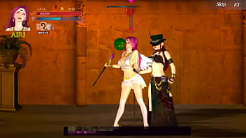 Hot woman with pink hair having relations with another woman in erotic gameplay hentai