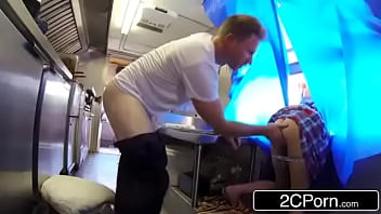 Sexy bimbo fucked from behind while serving real customers