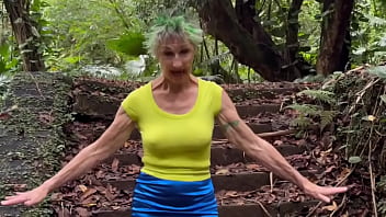 In the ruins of the abandoned house in the jungle i walk down and up the remaining stairs and give a brief flash at