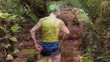 In the ruins of the abandoned house in the jungle i walk down and up the remaining stairs and give a brief flash at